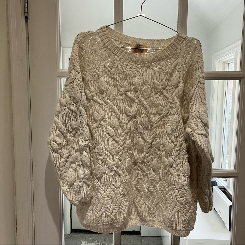 Vintage cotton ramie sweater with vines and flowers